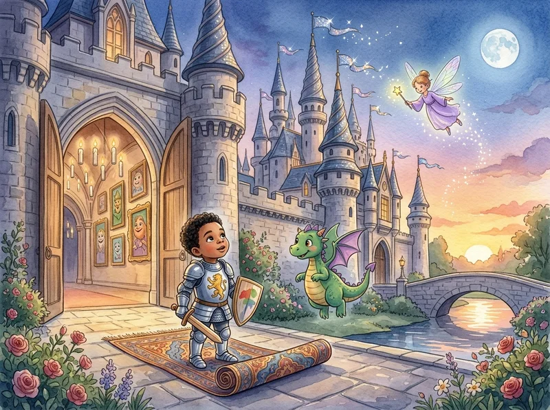 An illustrated child beginning a magical castle adventure at sunset